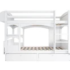 Lit superposé 90x200 cm avec bureau rabattable, 2 tiroirs et sommier à lattes, structure bois massif><noscript><img width=