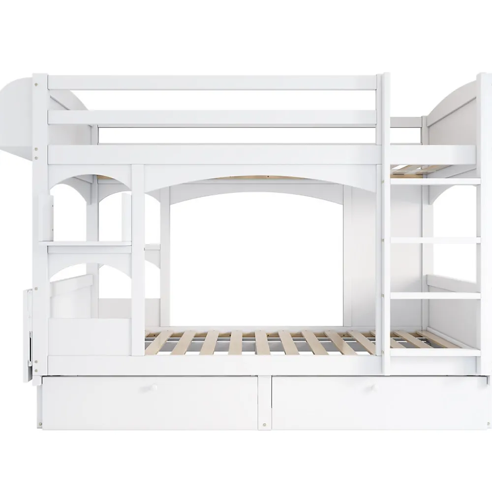 Lit superposé 90x200 cm avec bureau rabattable, 2 tiroirs et sommier à lattes, structure bois massif>Redom Online