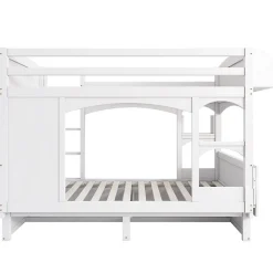 Lit superposé 90x200 cm avec bureau rabattable, 2 tiroirs et sommier à lattes, structure bois massif><noscript><img width=