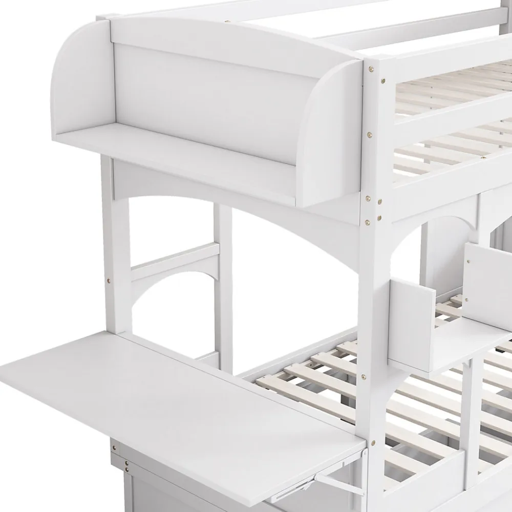 Lit superposé 90x200 cm avec bureau rabattable, 2 tiroirs et sommier à lattes, structure bois massif>Redom Online