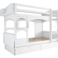 Lit superposé 90x200 cm avec bureau rabattable, 2 tiroirs et sommier à lattes, structure bois massif><noscript><img width=