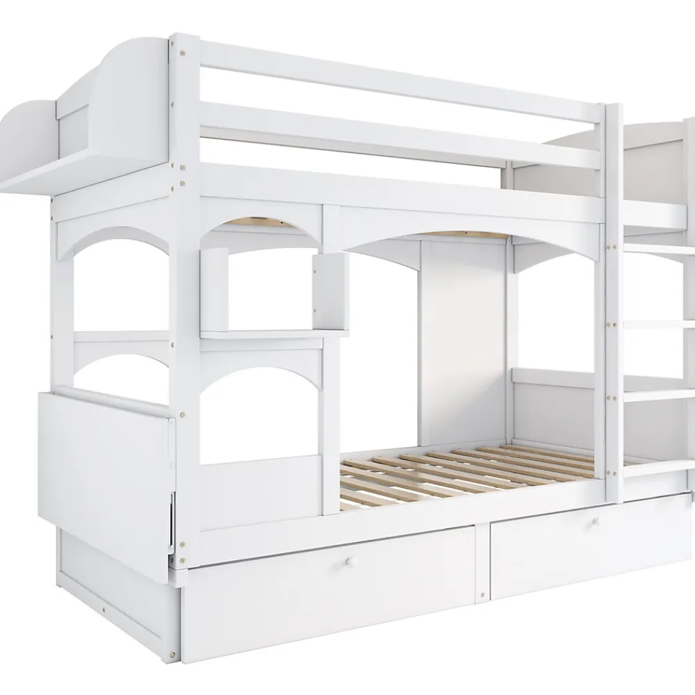 Lit superposé 90x200 cm avec bureau rabattable, 2 tiroirs et sommier à lattes, structure bois massif>Redom Online