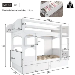 Lit superposé 90x200 cm avec bureau rabattable, 2 tiroirs et sommier à lattes, structure bois massif><noscript><img width=