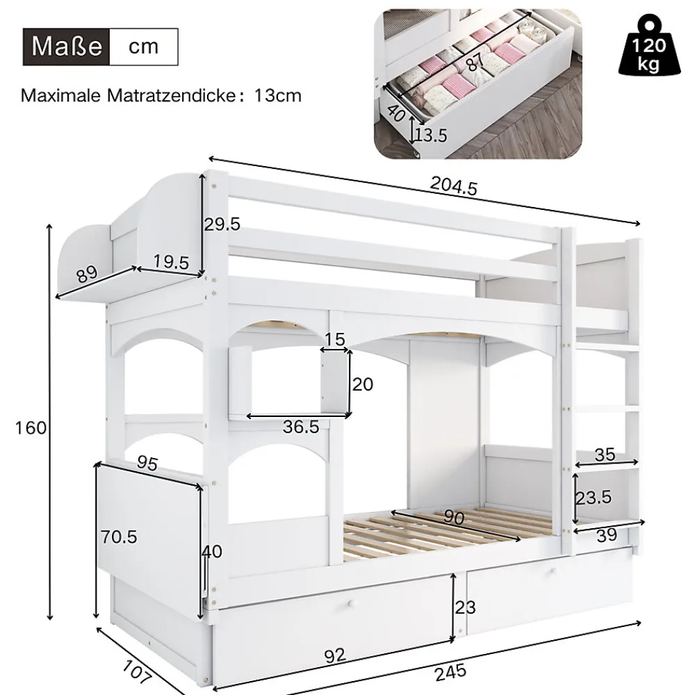 Lit superposé 90x200 cm avec bureau rabattable, 2 tiroirs et sommier à lattes, structure bois massif>Redom Online