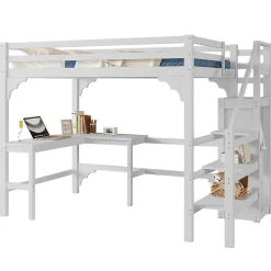 Redom Lit superposé 140x200 cm avec bureau en L et escalier à rangement, structure pin et MDF, minimaliste blanc*Enfant Lit Enfant