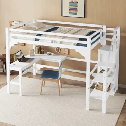 Redom Lit superposé 140x200 cm avec bureau en L et escalier à rangement, structure pin et MDF, minimaliste blanc*Enfant Lit Enfant