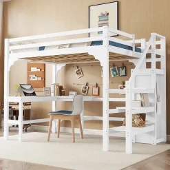 Redom Lit superposé 140x200 cm avec bureau en L et escalier à rangement, structure pin et MDF, minimaliste blanc*Enfant Lit Enfant