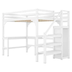 Redom Lit superposé 140x200 cm avec bureau en L et escalier à rangement, structure pin et MDF, minimaliste blanc*Enfant Lit Enfant