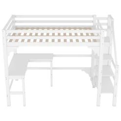 Redom Lit superposé 140x200 cm avec bureau en L et escalier à rangement, structure pin et MDF, minimaliste blanc*Enfant Lit Enfant