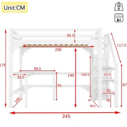 Redom Lit superposé 140x200 cm avec bureau en L et escalier à rangement, structure pin et MDF, minimaliste blanc*Enfant Lit Enfant