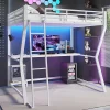 Redom Lit superposé 140x200 cm avec bureau intégré, étagère ordinateur et bande LED, structure métal et MDF, blanc*Enfant Lit Enfant