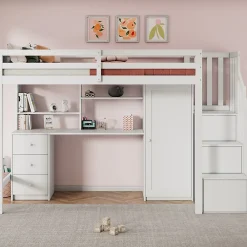 Redom Lit superposé 90x200 cm avec bureau intégré, armoire et tiroirs en bois massif blanc*Enfant Lit Enfant