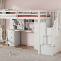 Redom Lit superposé 90x200 cm avec bureau intégré, armoire et tiroirs en bois massif blanc*Enfant Lit Enfant