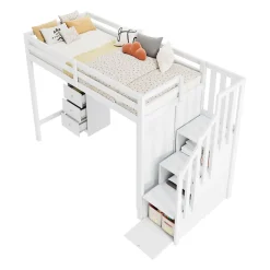 Redom Lit superposé 90x200 cm avec bureau intégré, armoire et tiroirs en bois massif blanc*Enfant Lit Enfant