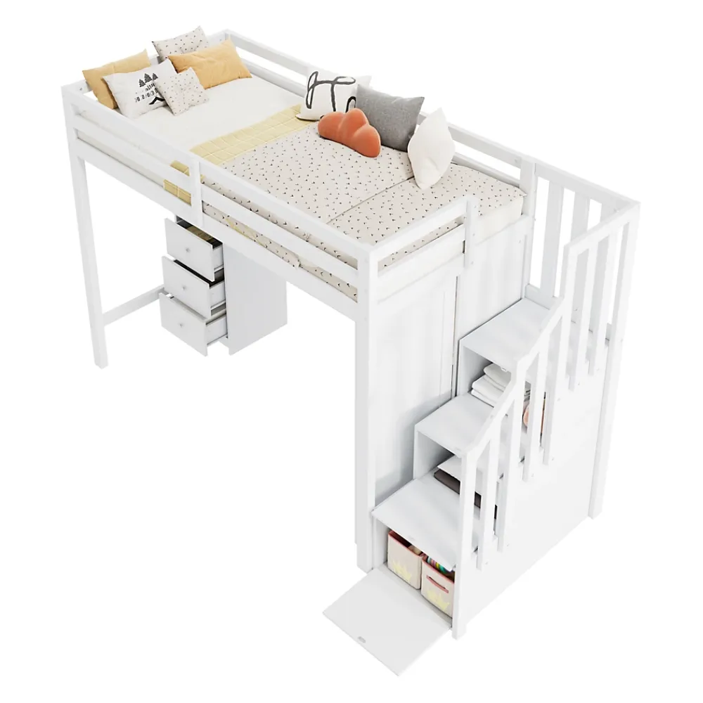 Redom Lit superposé 90x200 cm avec bureau intégré, armoire et tiroirs en bois massif blanc*Enfant Lit Enfant