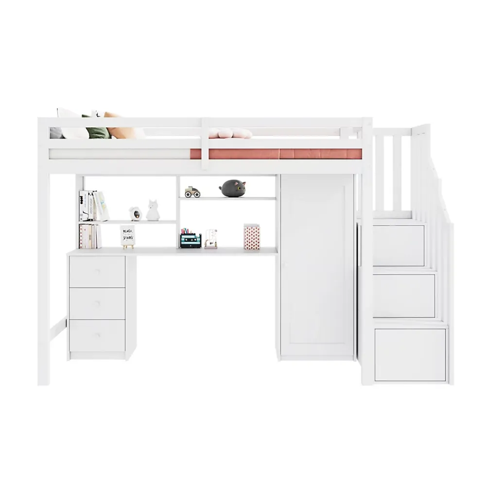 Redom Lit superposé 90x200 cm avec bureau intégré, armoire et tiroirs en bois massif blanc*Enfant Lit Enfant