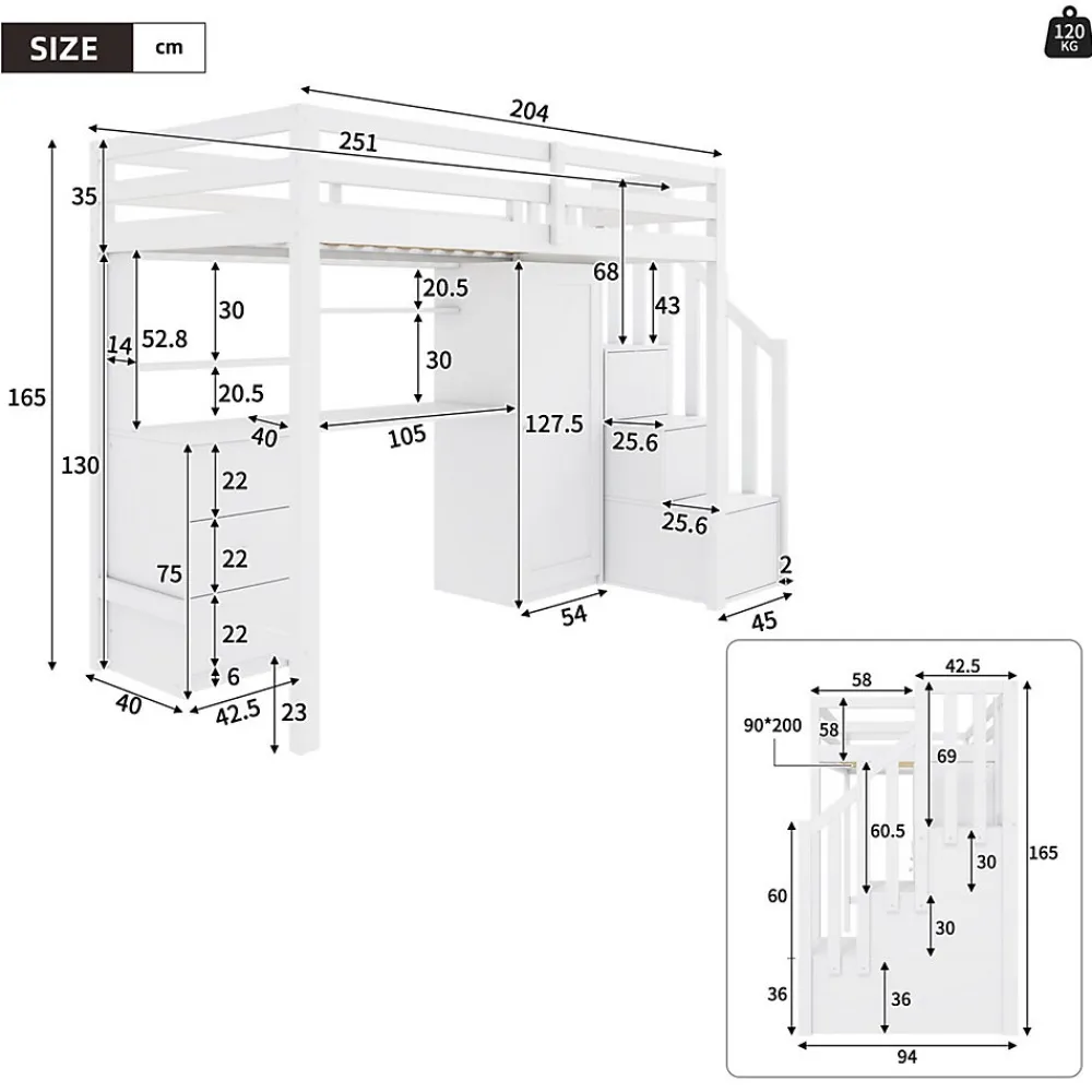 Redom Lit superposé 90x200 cm avec bureau intégré, armoire et tiroirs en bois massif blanc*Enfant Lit Enfant