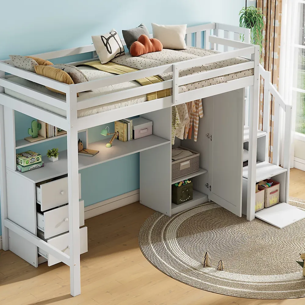 Redom Lit superposé 90x200 cm avec bureau intégré, armoire et tiroirs en bois massif blanc*Enfant Lit Enfant