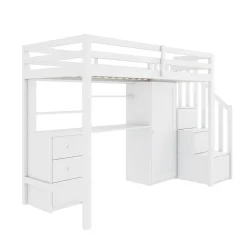 Redom Lit superposé 90x200 cm avec bureau intégré, armoire et tiroirs en bois massif blanc*Enfant Lit Enfant