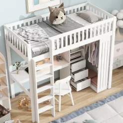 Redom Lit superposé 90x200 cm avec bureau intégré et armoire, structure en pin et MDF, finition blanche*Enfant Lit Enfant