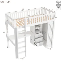 Redom Lit superposé 90x200 cm avec bureau intégré et armoire, structure en pin et MDF, finition blanche*Enfant Lit Enfant