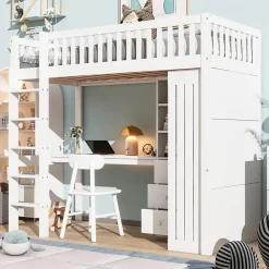 Redom Lit superposé 90x200 cm avec bureau intégré et armoire, structure en pin et MDF, finition blanche*Enfant Lit Enfant