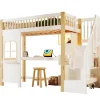 Redom Lit superposé 90x200 cm avec bureau intégré, éclairage LED et échelle à rangements, blanc et bois naturel*Enfant Lit Enfant