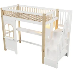 Redom Lit superposé 90x200 cm avec bureau intégré, éclairage LED et échelle à rangements, blanc et bois naturel*Enfant Lit Enfant