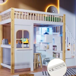 Redom Lit superposé 90x200 cm avec bureau intégré, éclairage LED et échelle à rangements, blanc et bois naturel*Enfant Lit Enfant