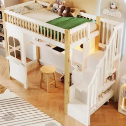 Redom Lit superposé 90x200 cm avec bureau intégré, éclairage LED et échelle à rangements, blanc et bois naturel*Enfant Lit Enfant