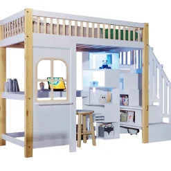Redom Lit superposé 90x200 cm avec bureau intégré, éclairage LED et échelle à rangements, blanc et bois naturel*Enfant Lit Enfant
