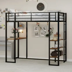 Lit superposé 90x190 cm avec bureau intégré et échelle bilatérale, structure métal noire gain de place>Redom Outlet