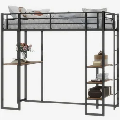 Lit superposé 90x190 cm avec bureau intégré et échelle bilatérale, structure métal noire gain de place><noscript><img width=