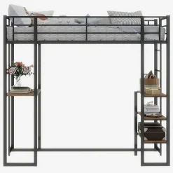 Lit superposé 90x190 cm avec bureau intégré et échelle bilatérale, structure métal noire gain de place><noscript><img width=