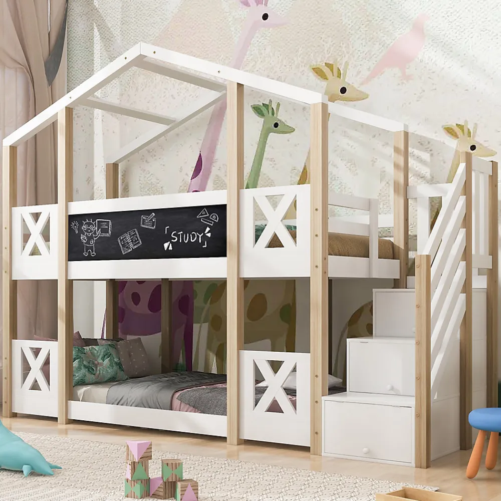 Lit superposé 90x200 cm avec échelle-rangement et tableau 110x26 cm, structure pin massif et panneaux en blanc/naturel>Redom Clearance