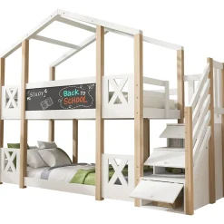 Lit superposé 90x200 cm avec échelle-rangement et tableau 110x26 cm, structure pin massif et panneaux en blanc/naturel><noscript><img width=