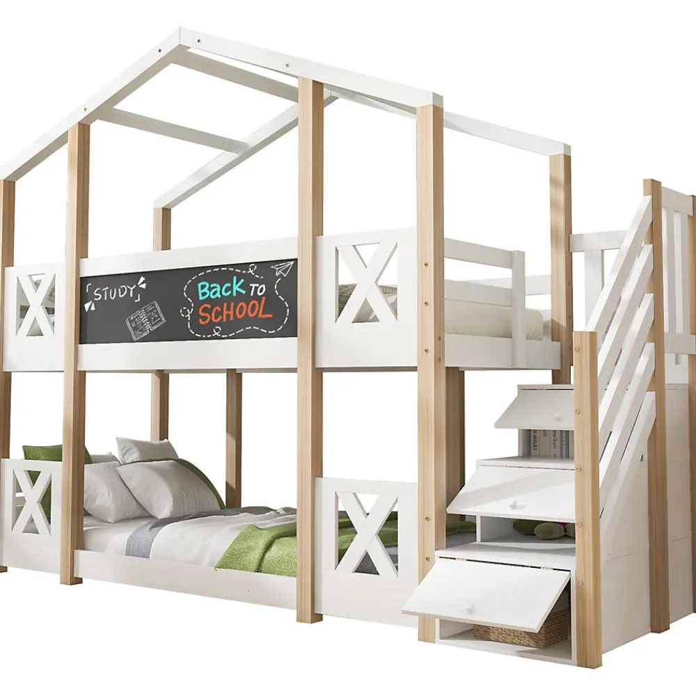Lit superposé 90x200 cm avec échelle-rangement et tableau 110x26 cm, structure pin massif et panneaux en blanc/naturel>Redom Clearance
