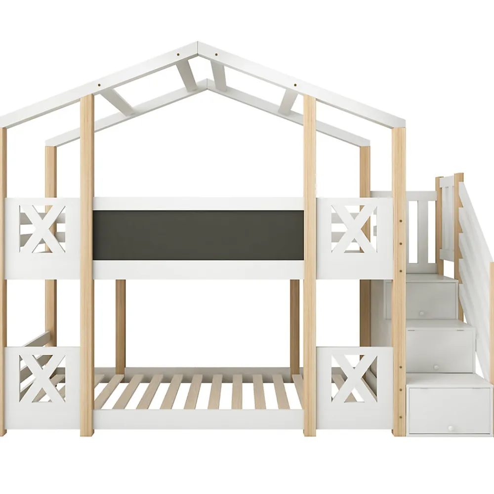 Lit superposé 90x200 cm avec échelle-rangement et tableau 110x26 cm, structure pin massif et panneaux en blanc/naturel>Redom Clearance