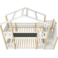 Lit superposé 90x200 cm avec échelle-rangement et tableau 110x26 cm, structure pin massif et panneaux en blanc/naturel><noscript><img width=