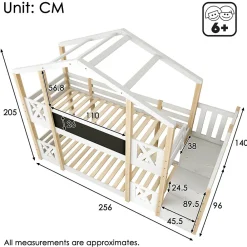 Lit superposé 90x200 cm avec échelle-rangement et tableau 110x26 cm, structure pin massif et panneaux en blanc/naturel><noscript><img width=