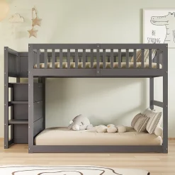 Lit superposé 140x200 cm avec échelle sécurisée et 4 tiroirs de rangement, structure bois gris>Redom Sale