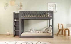 Lit superposé 140x200 cm avec échelle sécurisée et 4 tiroirs de rangement, structure bois gris><noscript><img width=