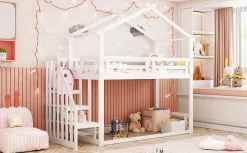 Redom Lit superposé 90x200 cm avec échelle de sécurité et grand rangement, structure en bois massif blanc*Enfant Lit Enfant