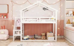Redom Lit superposé 90x200 cm avec échelle de sécurité et grand rangement, structure en bois massif blanc*Enfant Lit Enfant