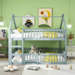Lit superposé 140x200 cm avec échelle intégrée et structure en bois massif, design loft gris>Redom Clearance