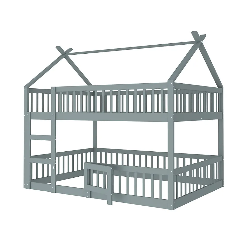 Lit superposé 140x200 cm avec échelle intégrée et structure en bois massif, design loft gris>Redom Clearance