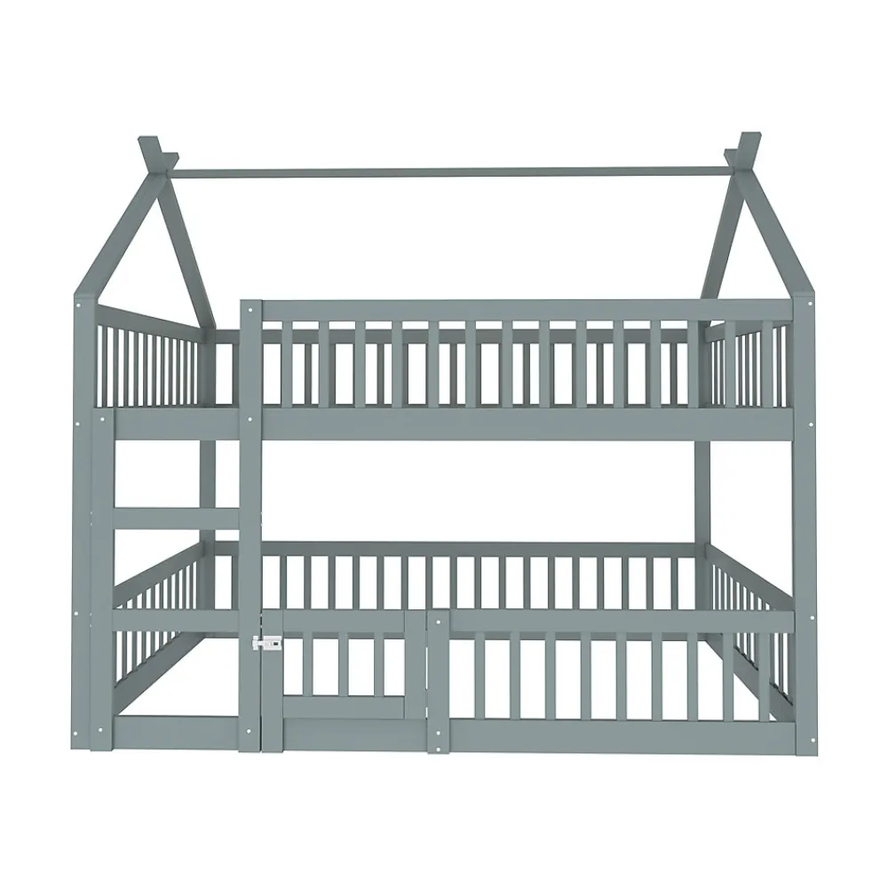 Lit superposé 140x200 cm avec échelle intégrée et structure en bois massif, design loft gris>Redom Clearance