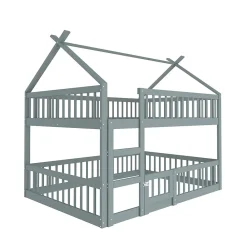 Lit superposé 140x200 cm avec échelle intégrée et structure en bois massif, design loft gris><noscript><img width=