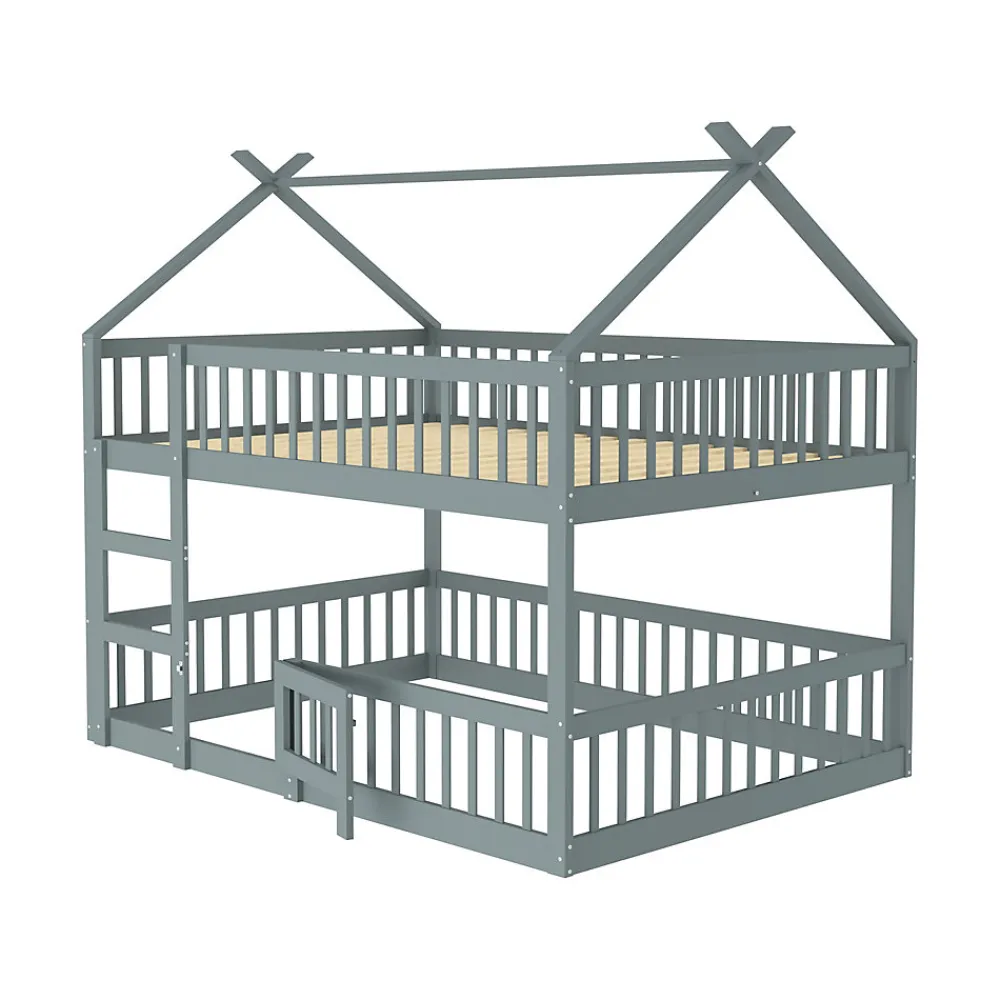 Lit superposé 140x200 cm avec échelle intégrée et structure en bois massif, design loft gris>Redom Clearance