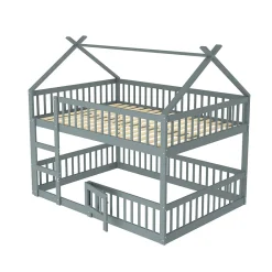 Lit superposé 140x200 cm avec échelle intégrée et structure en bois massif, design loft gris><noscript><img width=